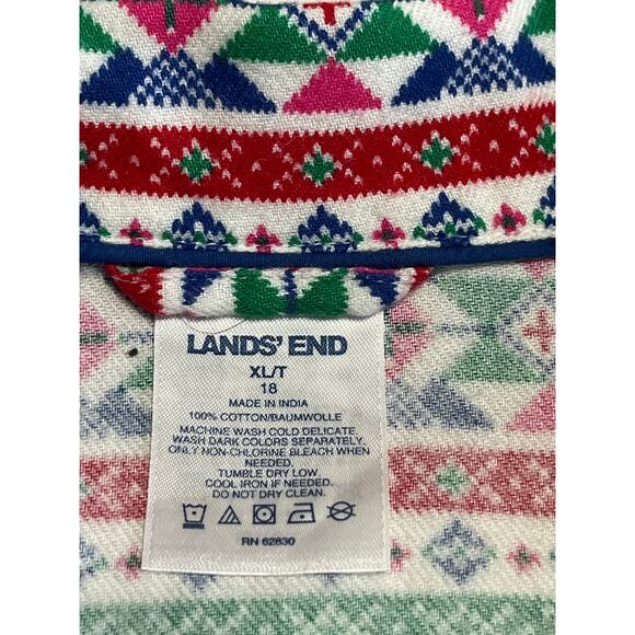 Lands End Women's Holiday Pajama Flannel Top Green Sleep Shirt Fair Isle XL/18 - Picture 7 of 12